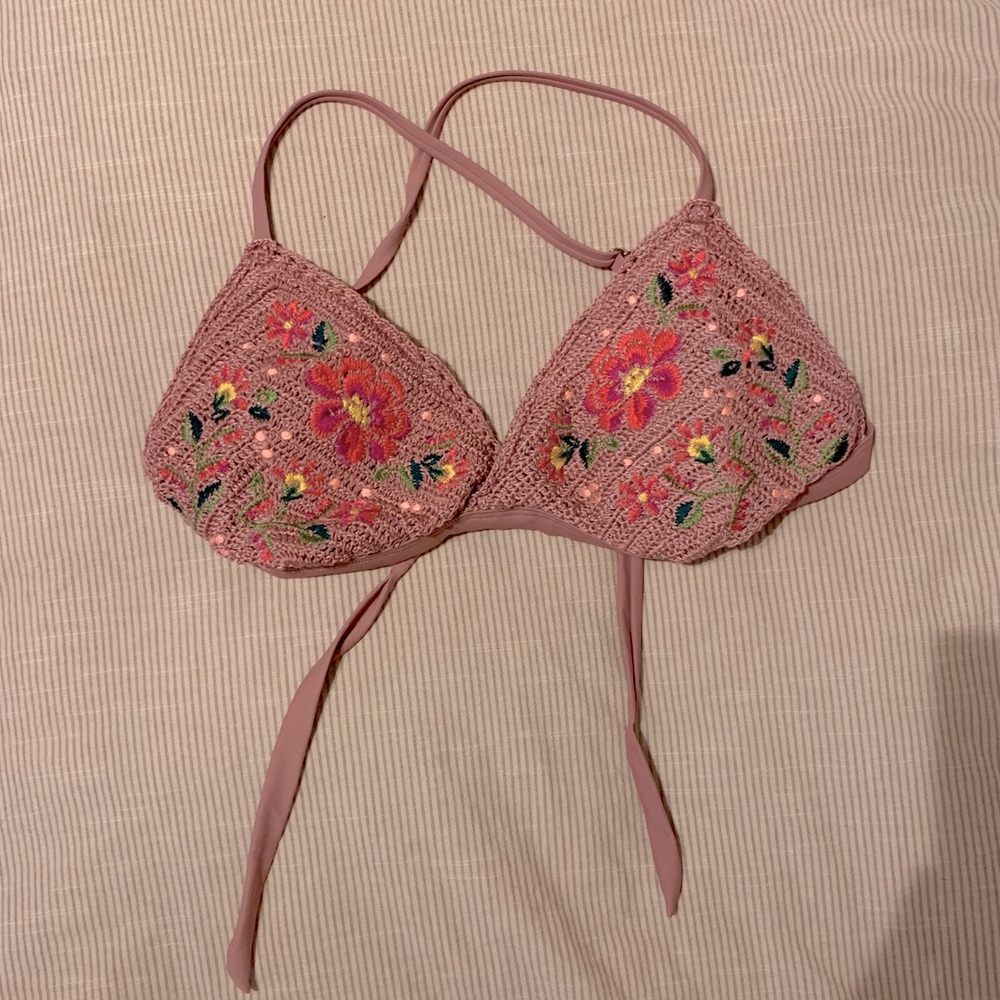 Pink woven bikini top
